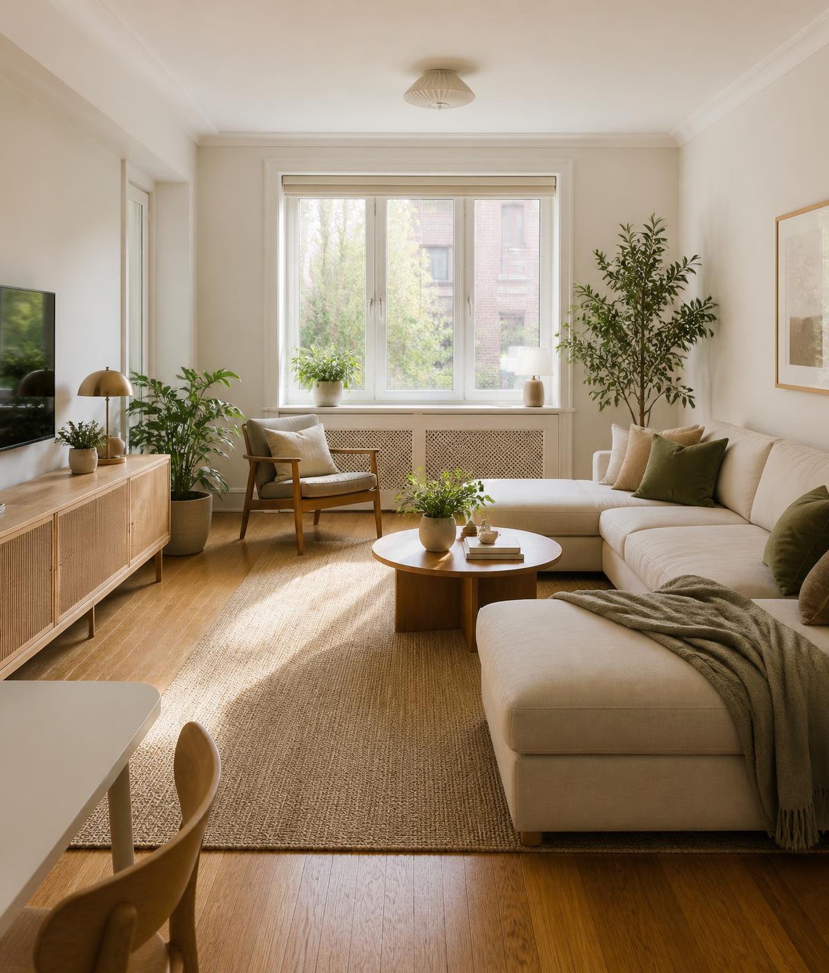 Bright, calm living room interior with neutral furnishings and plants